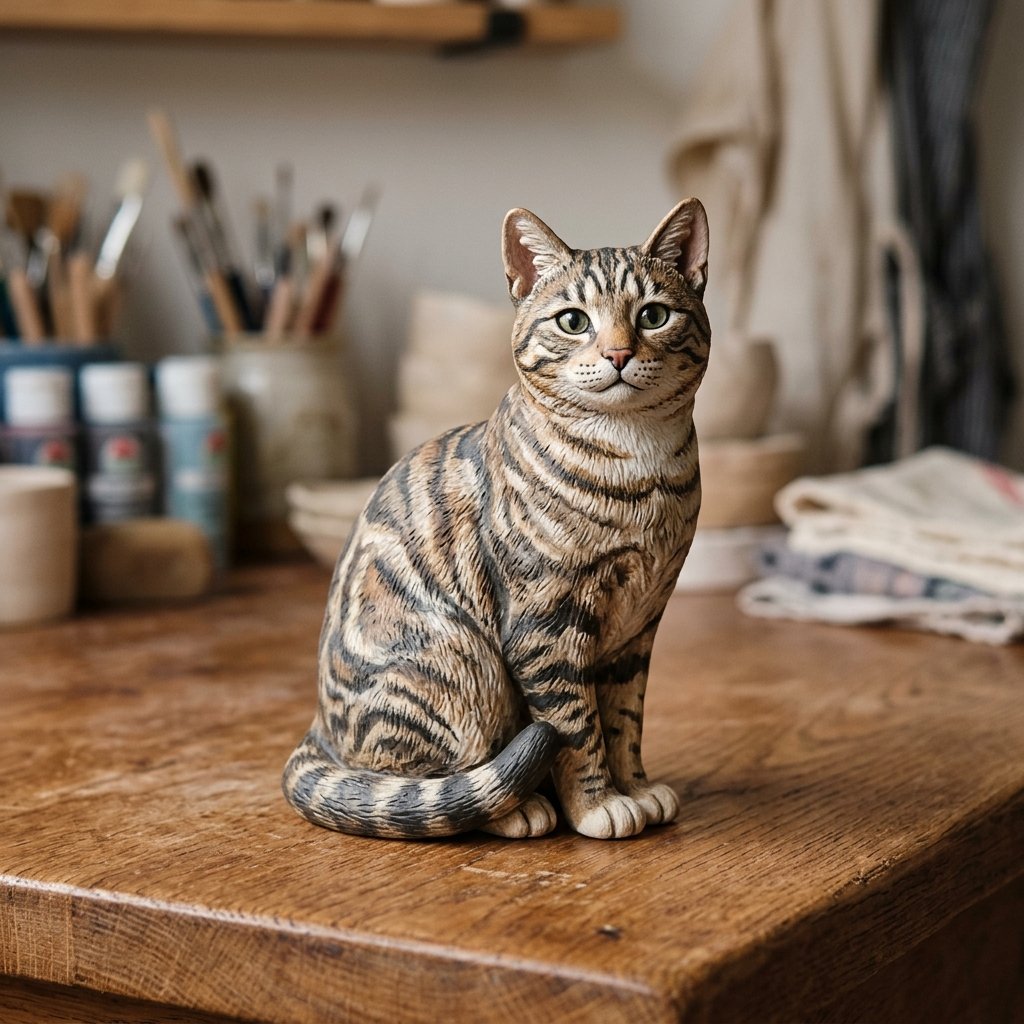 Tabby cat handcrafted realistic clay figurine