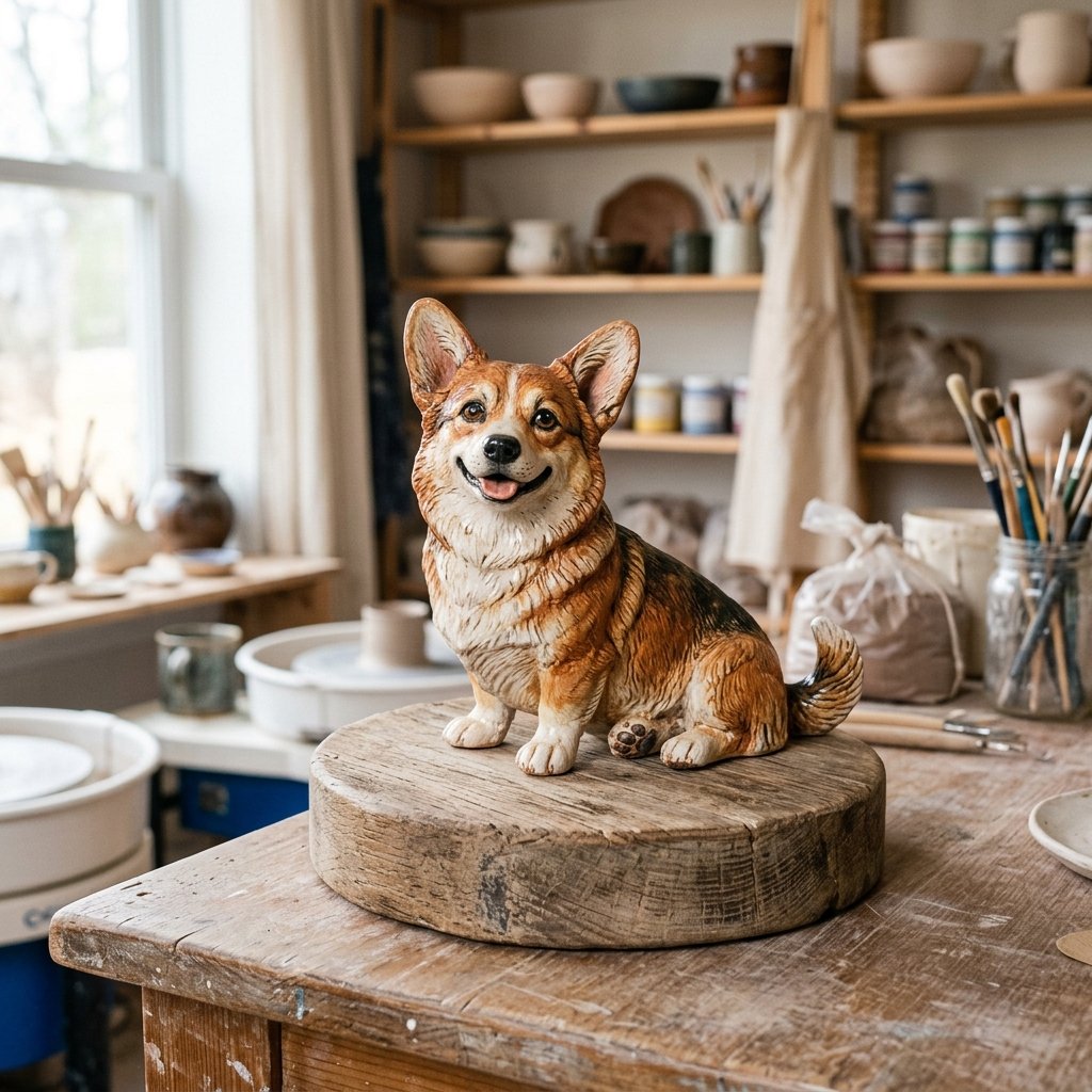 Joyful Corgi dog ceramic statue handcrafted